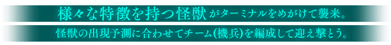 様々な特徴を持つ怪獣がターミナルをめがけて襲来。怪獣の出現予測に合わせてチーム(機兵)を編成して迎え撃とう。